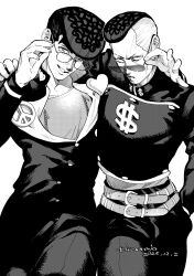  2boys adjusting_eyewear arm_around_shoulder arm_up belt bespectacled buttons commentary_request crew_neck diamond_wa_kudakenai dollar_sign frown gakuran glasses greyscale hand_in_pocket heart higashikata_josuke highres jacket jojo_no_kimyou_na_bouken long_sleeves looking_at_viewer male_focus monochrome multiple_belts multiple_boys nijimura_okuyasu pants pompadour school_uniform shirt short_hair smile sunglasses tirauraja undercut white_background 