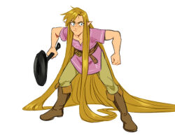  1boy absurdly_long_hair alternate_hair_length alternate_hairstyle blonde_hair boots brown_boots brown_pants champion's_tunic_(zelda) frying_pan full_body highres leaning_forward link long_hair pants pink_tunic pointy_ears ripushko solo standing tangled tunic very_long_hair 
