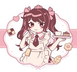  1girl apron blush_stickers checkered_clothes checkered_skirt collared_shirt commentary_request cookie cup food frilled_shirt_collar frills hair_ribbon hat highres himekaidou_hatate holding holding_tray long_hair looking_at_viewer mozukuzu_(manukedori) necktie notepad pink_theme puffy_short_sleeves puffy_sleeves ribbon shirt short_sleeves skirt smile solo teacup tokin_hat touhou tray twintails 