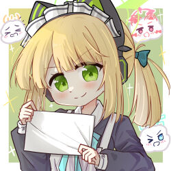  >:) 1girl absurdres animal_ear_headphones animal_ears apron aqua_bow aqua_bowtie aqua_halo aris_(blue_archive) black_dress blonde_hair blue_archive blunt_bangs blush border borrowed_clothes bow bowtie cat_ear_headphones cat_ears chinese_commentary closed_mouth clouds collared_dress commentary_request contrast_collar dress eyes_visible_through_hair fake_animal_ears gift_art gradient_background green_background green_bow green_eyes green_halo hair_bow halo head_tilt headphones highres holding holding_paper long_sleeves looking_at_viewer maid maid_apron maid_headdress medium_hair midori_(blue_archive) midori_(maid)_(blue_archive) momoi_(blue_archive) nuansede_kekeya objectification official_alternate_costume official_alternate_hairstyle outside_border paper parted_bangs pink_halo ponytail puffy_long_sleeves puffy_sleeves sidelocks solo sparkle split_mouth upper_body v-shaped_eyebrows white_apron white_border white_headdress yellow_halo yuzu_(blue_archive) 