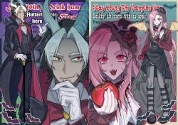  1boy 1girl antlers apple arm_at_side ascot asymmetrical_horns asymmetrical_wings bat_(animal) bat_hat_ornament bat_wings beard black_coat black_hair black_hat black_pants black_shoes black_skirt black_vest blood blood_on_clothes blue_background blue_outline bow bowtie cane closed_mouth coat collared_shirt colored_shoe_soles commentary curtained_hair dark-skinned_male dark_skin discord_(my_little_pony) empty_eyes english_commentary english_text erkengek eyes_visible_through_hair facial_hair fang fang_out fangs feathered_wings flower flutterbat fluttershy food frilled_sleeves frills fruit full_body gloves goatee grey_leggings grin hand_on_cane hand_on_own_chest hand_on_own_chin hat hat_flower hat_ornament high-low_skirt highres holding holding_food holding_fruit horns humanization l_hand lapels leggings long_beard long_hair long_sleeves looking_at_viewer mini_hat mini_top_hat mismatched_horns mismatched_wings multicolored_hair multiple_views my_little_pony my_little_pony:_friendship_is_magic open_mouth outline pants parted_bangs pink_eyes pink_hair pink_outline pointy_ears purple_background red_bow red_bowtie red_eyes red_flower red_rose red_shirt rose shirt shoes short_hair sidelocks skirt slit_pupils smile smirk standing text_background tilted_headwear top_hat traditional_bowtie two-sided_coat two-sided_fabric two-tone_hair vampire very_long_hair vest white_ascot white_gloves white_hair white_shirt wing_collar wings yellow_wings 