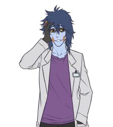  1boy bags_under_eyes black_eyes black_gloves blue_hair blue_skin coat colored_skin commentary croagunk english_commentary gloves grey_coat hand_in_own_hair kirby_otaku lab_coat looking_at_viewer male_focus medium_hair open_clothes open_coat personification pokemon purple_shirt shirt simple_background solo transparent_background upper_body yellow_eyes 