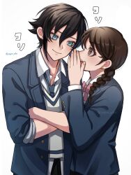  1boy 1girl amano_natsume artist_name blue_eyes blue_jacket blue_necktie bow bowtie braid brown_eyes brown_hair collared_shirt crossed_arms highres jacket low_twin_braids necktie open_clothes open_jacket pink_bow pink_bowtie sakami_haruya sakura_middle_school_uniform school_uniform shirt simple_background translation_request twin_braids upper_body vest whispering white_background white_shirt white_vest yagne_yokai youkai_watch youkai_watch_shadowside 