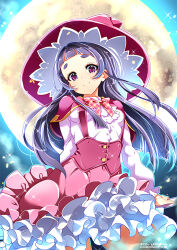  1girl artist_name black_hair bow bowtie capelet closed_mouth commentary_request cowboy_shot dress_shirt frilled_skirt frills full_moon hamuhamu hat head_tilt izayoi_liko light_particles looking_at_viewer magic_school_uniform_(mahou_girls_precure!) mahou_girls_precure! medium_skirt moon night partial_commentary petticoat pink_bow pink_bowtie pink_capelet pink_hat pink_skirt precure school_uniform shirt skirt smile solo sparkle standing straight_hair suspender_skirt suspenders violet_eyes web_address white_shirt witch_hat 