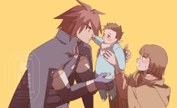  anna_irving baby belt blue_pajamas blush bob_cut brown_hair cape cloak collared_cape dovepopopo elbow_gloves fingerless_gloves gloves hair_between_eyes highres hood hooded_cloak kratos_aurion leggings lloyd_irving looking_at_another medium_hair multiple_belts pajamas purple_belt purple_cape purple_gloves purple_leggings purple_shirt red_eyes red_hair scarf shirt simple_background sleeveless sleeveless_shirt spoilers sweat tales_of_(series) tales_of_symphonia toddler turtleneck white_scarf yellow_background 