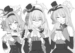  3girls :t absurdres animal_ear_fluff animal_ears bare_shoulders black_choker black_gloves black_hairband black_hat black_skirt blowing_on_food blue_archive blush breasts cat_ears cat_girl cheek_bulge choker closed_eyes closed_mouth clothes_lift collarbone detached_sleeves dress earrings eating feathered_wings fingerless_gloves flower food frilled_choker frilled_dress frilled_sleeves frills garter_belt gloves green_eyes green_flower green_ribbon greyscale hair_between_eyes hairband halo hat hat_feather hat_flower hat_ribbon highres holding holding_food idol jewelry large_breasts lifting_own_clothes long_hair looking_at_food mari_(blue_archive) mari_(idol)_(blue_archive) mine_(blue_archive) mine_(idol)_(blue_archive) mitsumoto_amata monochrome multiple_girls nose_blush official_alternate_costume open_mouth red_ribbon ribbon roasted_sweet_potato sakurako_(blue_archive) sakurako_(idol)_(blue_archive) shirt sidelocks skirt skirt_lift steaming_food striped_clothes sweet_potato thigh-highs top_hat vertical-striped_clothes white_hair white_ribbon white_shirt wings yellow_flower yellow_ribbon 