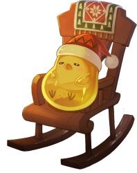  =_= artist_request artistic_error bird blush chair christmas fur-trimmed_headwear fur_trim hat jellyppi monster monster_focus nexon official_art pom_pom_(clothes) pom_pom_hat_ornament red_hat rocking_chair second-party_source simple_background sleeping slime_(creature) tales_weaver transparent_background wooden_chair yellow_bird 