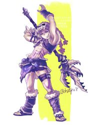  1boy abs armpits barbarian_set_(zelda) blonde_hair blue_eyes body_markings boots border chatgris8 closed_mouth commentary_request cropped_vest full_body fur-trimmed_boots fur_arm_warmers fur_trim furrowed_brow highres holding holding_behind_back holding_weapon holding_weapon_behind_back light_frown male_focus medium_hair narrowed_eyes official_alternate_costume open-toe_boots sidelocks skull_on_head solo the_legend_of_zelda the_legend_of_zelda:_tears_of_the_kingdom thigh_strap twitter_username vest weapon white_border yellow_background 