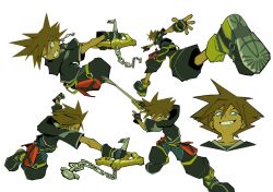  1boy black_gloves black_jacket blue_eyes boots brown_hair chain chain_necklace clenched_teeth cropped_torso deringshane fighting_stance fingerless_gloves full_body furrowed_brow gloves hair_between_eyes highres holding holding_weapon hood hooded_jacket jacket jewelry keyblade kingdom_hearts male_focus multiple_views necklace short_hair solo sora_(kingdom_hearts) spiky_hair teeth upper_body weapon white_background yellow_boots 