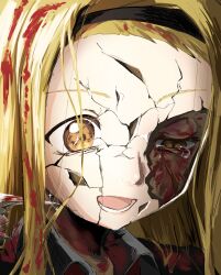 1girl bangs_pinned_back black_hairband blonde_hair blood blood_in_hair blood_on_clothes blood_on_face broken_bottle broken_mask close-up collared_shirt commentary_request crack cracked_kawaii_mask cracked_mask crying crying_with_eyes_open empty_eyes hairband highres kirarazaka_marina mask open_mouth orioncha_ns2 scar scar_on_cheek scar_on_face school_uniform shirt solo takopii_no_genzai tears yellow_eyes 