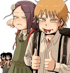  1boy 3girls absurdres aged_down backpack bag biting_own_lip black_hair blonde_hair chainsaw_man commentary_request crossover denji_(chainsaw_man) double_thumbs_up dress flower flower_in_mouth fujino_(look_back) gerbera green_dress hair_between_eyes hair_flower hair_ornament hansoom_(latebirdwakeup) highres incoming_attack incoming_punch kyomoto_(look_back) long_hair_between_eyes look_back looking_at_another looking_at_viewer multiple_girls parted_bangs pinafore_dress punching purple_hair randoseru red_flower reze_(chainsaw_man) shirt simple_background sleeveless sleeveless_dress smile thumbs_up white_background white_shirt 