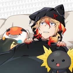  1boy ? ?? animal_hood axel_syrios axel_syrios_(2nd_costume) axelotl_(axel_syrios) axolotl blonde_hair blue_eyes cat_hood confused creature hair_between_eyes hashtag-only_commentary highres holostars holostars_english hood koi koipanion_(josuiji_shinri) lying male_focus me_explaining_to_my_mom_(meme) medium_hair meme mono_(bluesky) multicolored_hair nail_polish on_back on_bed pillow red_hair red_nails slit_pupils streaked_hair two-tone_hair under_covers upper_body virtual_youtuber 