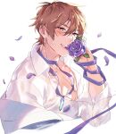  1boy bishounen blush brown_eyes eiden_(nu_carnival) falling_petals feathers flower gem highres jewelry light_brown_hair long_sleeves looking_at_viewer male_focus miya_(ajt_miya) neck_ribbon necklace nu_carnival off_shoulder pectorals petals purple_flower purple_ribbon purple_rose ribbon rose rose_petals short_hair smile white_feathers 