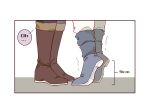  2boys battle_tendency boots caesar_anthonio_zeppeli close-up height_difference highres jojo_no_kimyou_na_bouken male_focus measurements multiple_boys tiptoes trembling zhoujo51 