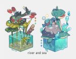  afloat artist_name brown_eyes cattail closed_eyes color_guide commentary_request english_text fangs lapras lotus_leaf no_humans open_mouth plant pokemon pokemon_(creature) riding riding_pokemon rock sand shino_(shinoru_p) smile squirtle water water_drop yanmega 