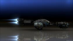  3d blue_background commentary dark_background english_commentary eve_online flying from_side glowing hauler_(eve_online) hauling_ship_(eve_online) highres outer_ring_excavations_(eve_online) primae_(eve_online) radio_antenna realistic reflection reflective_floor science_fiction spacecraft special_edition_ship_(eve_online) thrusters vankaiser vehicle_focus 