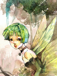  archived_source black_collar black_eyes black_shirt blunt_bangs blunt_ends bubble_skirt chkuyomi collar commentary_request elbow_gloves fairy fairy_wings from_side gloves green_gloves green_hair green_skirt green_theme green_wings korean_commentary leaf lips lock looking_at_viewer lower_eyelashes_only medium_request nostrils original padlock padlocked_collar parted_hair parted_lips red_lips see-through_clothes see-through_skirt shirt short_hair skirt strapless strapless_shirt teeth transparent_wings very_short_hair wings 