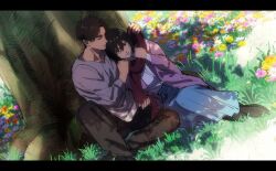  1boy 1girl 35ohama_yu adjusting_another's_clothes adjusting_scarf black_hair brown_hair brown_pants brown_shoes cardigan commentary couple eren_yeager flower grass grey_shirt hair_between_eyes hetero highres knee_up leaning_on_person long_skirt long_sleeves mikasa_ackerman open_cardigan open_clothes orange_flower outdoors pants pink_cardigan pink_flower red_scarf scarf scarf_tying shingeki_no_kyojin shirt shoes short_hair sitting skirt tree under_tree white_flower white_shirt yellow_flower 