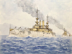  american_flag atelier_bono battleship clouds cloudy_sky commentary_request highres mast military_vehicle no_humans ocean original painting_(medium) sailing ship ship_turret sky smokestack traditional_media united_states_navy uss_illinois_(bb-7) warship watercolor_(medium) watercraft 