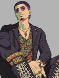  1boy black_jacket boots closed_mouth commentary_request earrings facial_hair goatee grey_background hair_slicked_back jacket jewelry lace-up_boots long_sleeves looking_at_viewer male_focus mature_male multiple_rings mustache necklace ring round_eyewear ryuu_ga_gotoku_(series) ryuu_ga_gotoku_7 short_hair simple_background sitting solo tinted_eyewear yuuri_(yuri83) zhao_tianyou 