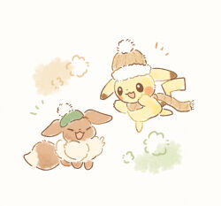  :3 :d beanie blush_stickers brown_fur brown_hat closed_eyes commentary_request eevee green_hat hat highres mofucoffee no_humans open_mouth pikachu pokemon pokemon_(creature) pokemon_focus pom_pom_(clothes) pom_pom_beanie smile white_background 