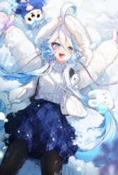  1girl alternate_costume arms_up black_pantyhose blue_eyes blue_hair blue_skirt blush breasts coat colored_inner_hair cowlick drop-shaped_pupils eyelash_ornament furina_(genshin_impact) genshin_impact gloves highres long_hair looking_at_viewer lying medium_breasts multicolored_hair on_back open_mouth pantyhose pioko plaid_clothes plaid_skirt purple_gloves skirt solo sweater symbol-shaped_pupils wavy_hair white_sweater winter_clothes winter_coat 