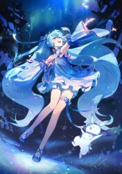  1girl agyou_sonokou_l ahoge arm_up armpits aurora bare_legs bloom blue_dress blue_eyes blue_gloves blue_hair blush bow breasts commentary_request conductor_baton dress fingerless_gloves frilled_thigh_strap full_body gloves hair_between_eyes hair_bow hair_ornament hatsune_miku highres holding_baton long_hair long_sleeves looking_at_viewer looking_up mascot night night_sky official_alternate_costume open_mouth outdoors rabbit_yukine signature sky sleeveless sleeveless_dress small_breasts smile snow snowflakes solo_focus standing standing_on_one_leg star_(sky) star_(symbol) star_hair_ornament star_night_snow_(vocaloid) thigh_strap twintails vocaloid wide_sleeves winter yuki_miku yuki_miku_(2017) 