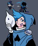  2boys alternate_costume animal animal_on_head bandaid bandaid_on_face blue_cloak blue_eyes blue_hair blue_shirt cat cat_on_head chibi cloak closed_mouth commentary dark_persona english_commentary english_text flat_color furmao_game gloves grey_background hand_up heart holding holding_mask hood hooded_cloak light_frown long_sleeves looking_at_viewer looking_away male_focus mask mask_pull mask_removed multiple_boys multiple_persona on_head removing_mask revita_(game) revita_kid scarf shirt simple_background solo_focus upper_body white_gloves white_mask white_scarf 