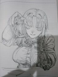  1girl alcohol bags_under_eyes blunt_ends breasts commentary_request cup dress_shirt drinking_glass earclip elbow_on_table graphite_(medium) hair_intakes hatching_(texture) head_on_hand holding holding_cup incoming_drink jitome linear_hatching looking_at_viewer mechanical_arms medium_breasts medium_hair mn90047517 necktie original parted_bangs parted_lips photo_(medium) pov sanpaku shirt single_mechanical_arm sketch solo talking traditional_media upper_body 