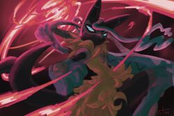  1other animal_ears aura black_fur blue_eyes blue_fur body_fur furry highres looking_at_viewer lucario mega_lucario_z mega_pokemon multicolored_fur pokemon pokemon_(creature) pokemon_focus pokemon_legends:_z-a red_aura riotono_0643 solo yellow_fur 