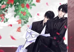  2boys arm_hug black_coat black_hair black_shirt chest_belt closed_eyes coat coat_partially_removed collared_shirt commentary_request crossed_legs falling_petals head_on_another's_shoulder highres imgeun kim_dokja korean_commentary leaning_on_person leaning_to_the_side male_focus multiple_boys omniscient_reader's_viewpoint open_clothes open_coat petals popped_collar shirt short_hair tree white_coat yoo_joonghyuk 