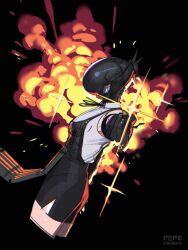 1girl apron artist_name black_apron black_background black_gloves black_shorts black_thighhighs bomb bomb_devil_(chainsaw_man) chainsaw_man commentary cowboy_shot english_commentary explosion explosive from_side gloves highres pepedraws reze_(chainsaw_man) shirt shorts sleeveless sleeveless_shirt solo teeth thigh-highs white_shirt 