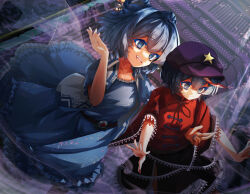  2girls absurdres black_skirt blue_dress blue_eyes blue_hair blue_nails brown_ribbon cheesegyuudon09 chinese_clothes closed_mouth collared_vest commentary_request dress expressionless feet_out_of_frame frilled_dress frills grey_eyes hagoromo hair_rings hat hat_ornament highres jiangshi kaku_seiga lace-trimmed_sleeves lace_trim looking_afar miyako_yoshika multiple_girls neck_ribbon newsboy_cap ofuda open_clothes open_mouth open_vest outstretched_arms purple_background purple_hat red_nails red_shirt ribbon shawl shirt short_hair short_sleeves skirt smile star_(symbol) star_hat_ornament tangzhuang touhou vest white_vest wide_sleeves zombie_pose 