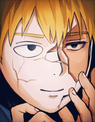  1boy arms_up black_eyes blonde_hair broken_mask cracked_kawaii_mask geola17157 hair_between_eyes hand_on_own_face hashtag-only_commentary highres male_focus mask mob_psycho_100 portrait reigen_arataka sanpaku short_hair solo 