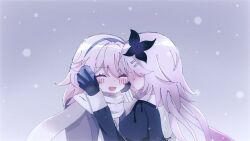  2girls ^_^ blush closed_eyes dual_persona evernight_(honkai:_star_rail) flower gloves hair_flower hair_ornament hands_on_another's_face hashtag-only_commentary headpiece honkai:_star_rail honkai_(series) long_hair march_7th_(honkai:_star_rail) multiple_girls pink_hair scarf sei10_bidoku snowflakes very_long_hair yuri 