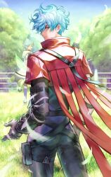  2boys another_eden aqua_hair belt black_belt black_gloves black_pants capelet cowboy_shot crossed_belts dewey_(another_eden) dual_persona facing_away falling_feathers feathers fence from_behind gloves grass grey_hair hair_between_eyes hair_over_one_eye hanada_nadako highres hood hood_down hooded_jacket jacket looking_at_viewer male_focus multiple_boys outdoors pants red_capelet short_hair spiky_hair tree white_jacket 