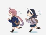  2girls ahoge akebono_(kancolle) backpack bag black_hair blue_sailor_collar blue_skirt blue_sweater cardigan commentary_request full_body grey_cardigan hairband kantai_collection kantai_collection_(anime) long_hair multiple_girls purple_hair running saiguchi_otoufu sailor_collar school_bag school_uniform serafuku side_ponytail simple_background skirt sweat sweater ushio_(kancolle) very_long_hair white_background white_hairband 