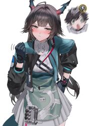  1boy 1girl absurdres ahoge aqua_jacket arknights arknights:_endfield black_gloves black_hair blush chen_qianyu_(arknights) clenched_hand commentary double-parted_bangs dragon_girl dragon_horns eastern_dragon_horns endministrator_(arknights) gameplay_mechanics gloves grey_eyes grey_shirt grey_skirt hair_intakes hand_on_own_hip highres horns jacket long_sleeves male_endministrator_(arknights) molyb multicolored_horns open_clothes open_jacket pleated_skirt shirt simple_background skirt slit_pupils twintails two-tone_horns white_background 