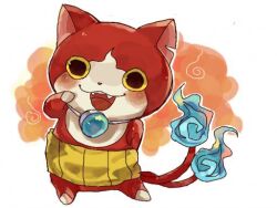  blue_fire blush commentary_request fangs fire flame-tipped_tail full_body haramaki hitodama jibanyan looking_at_viewer multiple_tails no_humans open_mouth red_fur solo tail two_tails umeyoukan_hn43 youkai_(youkai_watch) youkai_watch 