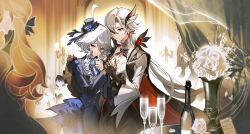  2girls absurdres ahoge arlecchino_(genshin_fes_2026)_(genshin_impact) arlecchino_(genshin_impact) black_gloves black_pants blue_hat blue_jacket bottle champagne_flute chinese_commentary commentary cup drinking_glass flower furina_(genshin_impact) genshin_impact gloves hat highres holding_hands jacket long_hair low_ponytail mie_xing multiple_girls pants ponytail red_eyes rose white_flower white_hair white_rose wine_bottle yuri 