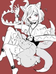  1girl :d animal_ears ankle_cuffs bare_shoulders barefoot bear_trap blush collarbone commentary_request cuffs dog_ears dog_tail fang frilled_skirt frilled_sleeves frills highres jewelry medium_hair mitsugashira_enoko mozukuzu_(manukedori) multiple_tails necklace off-shoulder_shirt off_shoulder red_background red_eyes shackles shirt simple_background skirt smile solo tail touhou 