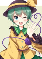  1girl ;d alternate_hair_length alternate_hairstyle black_hat blue_eyes blush buttons collared_shirt commentary_request contrast_collar cowboy_shot diamond_button frilled_shirt_collar frilled_sleeves frills green_hair green_skirt hand_up hat hat_ribbon heart heart_of_string highres komeiji_koishi long_sleeves one_eye_closed open_mouth ribbon ruu_(tksymkw) shirt short_hair simple_background skirt smile solo teeth third_eye touhou upper_teeth_only very_short_hair wide_sleeves yellow_ribbon yellow_shirt 