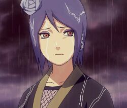  1girl blue_hair closed_mouth eyeshadow flower hair_bun hair_flower hair_ornament konan_(naruto) looking_at_viewer makeup naruto_(series) naruto_shippuuden non-web_source orange_eyes paper purple_hair short_hair single_hair_bun solo 