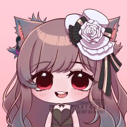  1girl animal_ears black_dress brown_hair chibi chibi_only commentary commission dress english_commentary flower hat hat_flower highres kuraedo long_hair looking_at_viewer mini_hat open_mouth original parted_bangs pink_background red_eyes simple_background smile solo swept_bangs upper_body watermark white_hat 