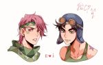  2boys aviator_cap battle_tendency birthmark brown_hair caesar_anthonio_zeppeli facial_mark green_lips headband highres joestar_birthmark jojo_no_kimyou_na_bouken joseph_joestar joseph_joestar_(young) multiple_boys official_alternate_costume official_alternate_hairstyle red_eyes redhead scarf tank_top triangle_print zhoujo51 