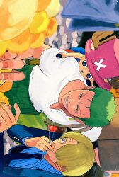  3boys 89gino05 absurdres antlers bag black_suit blonde_hair cigarette commentary cross curly_eyebrows green_hair haramaki highres holding holding_cigarette horns male_focus multiple_boys one_piece pink_hair reindeer_antlers roronoa_zoro sanji_(one_piece) shirt short_hair shoulder_bag smile striped_clothes striped_shirt suit tony_tony_chopper v-shaped_eyebrows vertical-striped_clothes vertical-striped_shirt white_shirt 