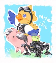  alpha_(ff14) black_vest blue_eyes border chocobo commentary_request copyright_name crossover final_fantasy final_fantasy_xiv frog goggles goggles_on_head grass highres kmitty looking_ahead monster_hunter:_world monster_hunter_(series) no_humans omega_(final_fantasy) outline pig robot sitting_on_animal vest white_border white_outline 