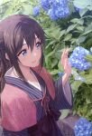  1girl blue_eyes blue_flower blue_kimono brown_hair capelet commentary flower hand_up highres hydrangea japanese_clothes kimono long_hair love_live! love_live!_nijigasaki_high_school_idol_club ousaka_shizuku outdoors parted_lips red_capelet shamakho 