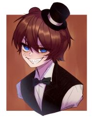  1boy absurdres animal_ears bear_boy bear_ears black_bow black_bowtie black_hat black_vest blue_eyes border bow bowtie brown_background brown_hair commentary cropped_shoulders double-parted_bangs english_commentary five_nights_at_freddy's freckles freddy_fazbear grin hair_between_eyes hat highres humanization kuraedo looking_at_viewer male_focus mini_hat mini_top_hat outside_border sharp_teeth shirt short_hair smile solo teeth top_hat vest white_border white_shirt 