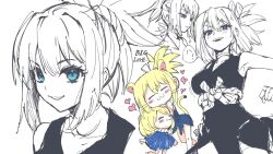  2girls :3 animal_ears blonde_hair blue_dress blue_eyes cat_ears chibi choker confident dated dr._stone dress headpat heart high_ponytail hug kohaku_(dr._stone) looking_at_viewer multiple_girls multiple_views ponytail rope_belt simple_background sketch smile suika_(dr.stone) tail tatara_5738 whiskers white_background white_choker 